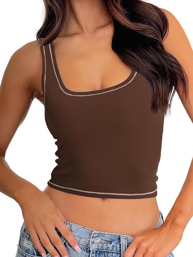 Danysu Women Rib Tank Top Padded Workout Top Square Neck Crop Tank Fitted Basic Cami Tops