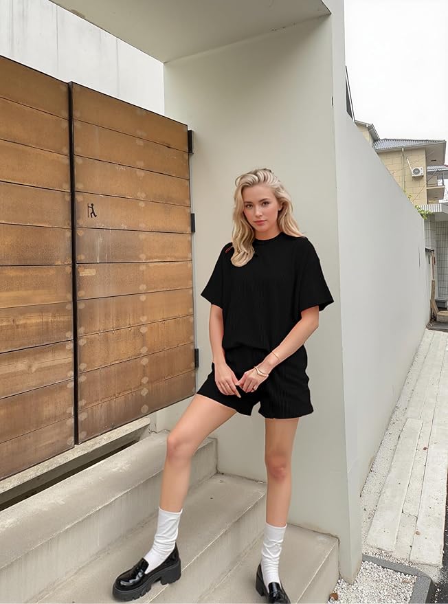 MARZXIN Women 2 Piece Shorts Set 2026 Casual Summer Cruise Outfits Ribbed Loose Short Sleeve Pocket Matching Lounge Sets