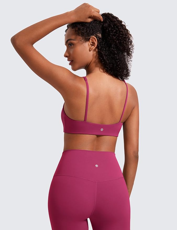 CRZ YOGA Butterluxe Square Neck Spaghetti Strap Sports Bras for Women - Low Coverage Yoga Wireless Padded Cami Crop Top