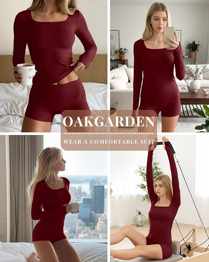 Oakgarden Women's Long Sleeve Yoga Set Square Neck Slim Fit Tops Elastic Soft Thumb Hole Shirt High Waist Shorts with Pockets