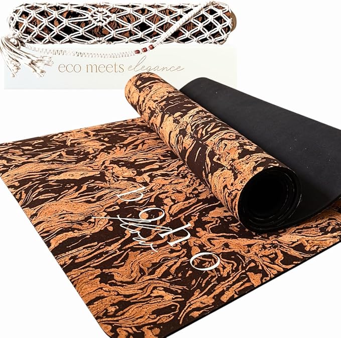 Deluxe Cork Yoga Mat – Gold, Coffee or Vegan Leather Cork Surface & Natural Rubber Base – Premium Natural & Eco Friendly Materials – Includes Signature Handmade Boho Bag