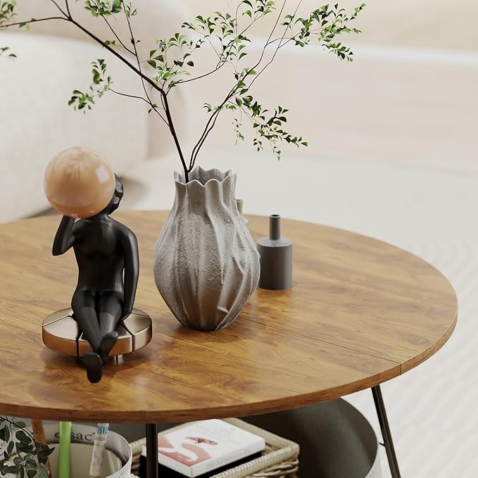 Manora Small Round Coffee Table for Living Room, Modern Center Table with Fabric Basket Storage, Cute Circle Table for Small Spaces, Metal Frame, Brown