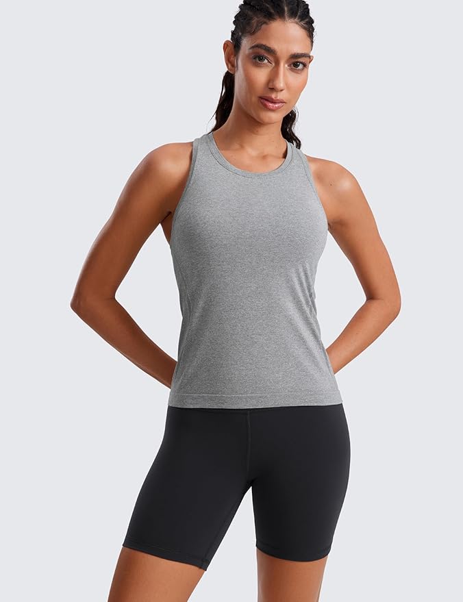CRZ YOGA Seamless Workout Tank Tops for Women - Athletic Running Gym Sleeveless Shirts Crewneck Racerback Breathable
