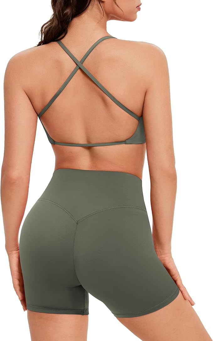 OMKAGI Workout Sets for Women Open Back Strappy Sports Bra Booty Biker Shorts Gym Outfits