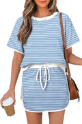 Opemiby Womens 2 Piece Skort Set 2026 Color Block Short Sleeve Top Drawstring Skort Matching Sets Casual Lounge Summer Outfit
