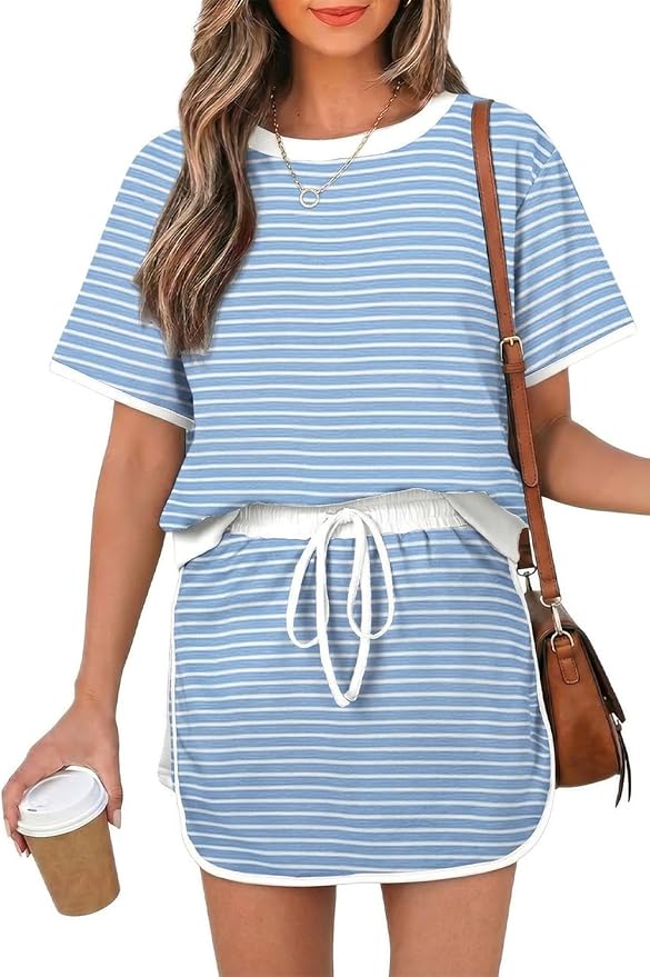 Opemiby Womens 2 Piece Skort Set 2026 Color Block Short Sleeve Top Drawstring Skort Matching Sets Casual Lounge Summer Outfit