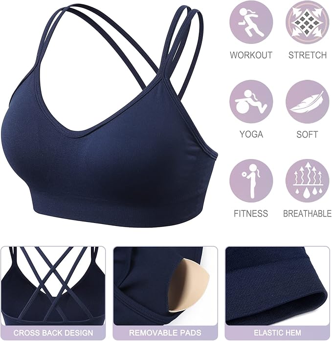 VEQKING Women's Cross Back Sports Bra Padded Strappy Medium Support Yoga Bra for Workout Fitness 3 Pack