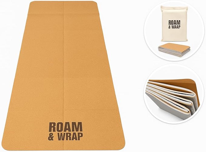 Roam & Wrap TRUE FOLDING Cork Yoga Mat 5mm Thick - Not Rolled, Fits in Backpack & Carry-On - Non-Slip Portable Mat for Travel, Pilates & Gym