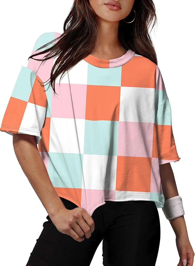 XIEERDUO Cotton Tshirts for Women Drop Shoulder Round Neck Oversized Crop Tops Workout Tops Tees