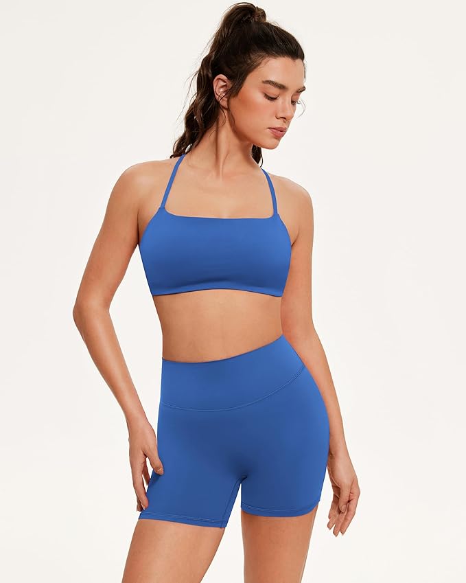 OMKAGI Workout Sets for Women Open Back Strappy Sports Bra Booty Biker Shorts Gym Outfits