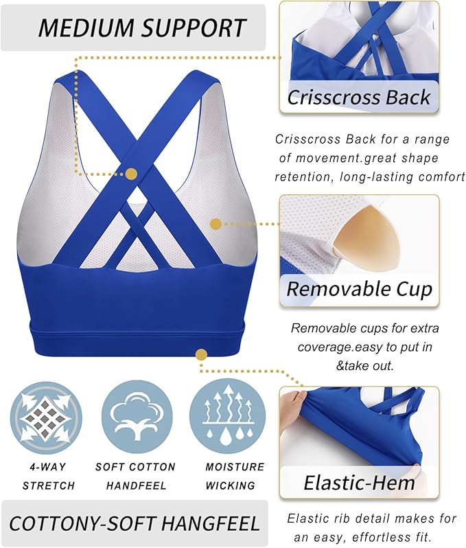 RUNNING GIRL Sports Bras for Women,Padded Strappy Sports Bras Criss-Cross Back Medium Support Sports Bras with Removable Cups