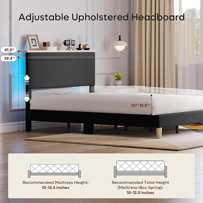 Bestier Full Bed Frame with Adjustable Headboard & LED Lighting, Corduroy Upholstered Platform Bed Frame with Storage Shelf, Solid Wood Slats, No Box Spring Needed, Never Squeak, Easy Assembly, Black