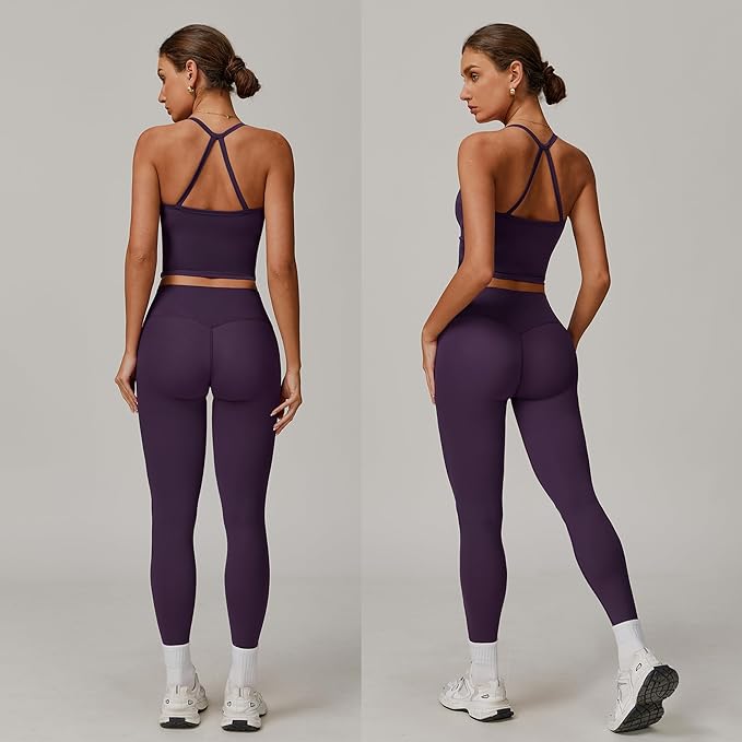 Women 2 Piece Workout Sets (NEW) Yoga Outfit Open Back Tank Top High Waisted Leggings Gym Sets Tracksuits
