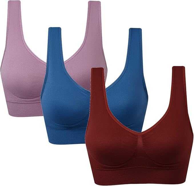 Vermilion Bird Women's 3 Pack Seamless Comfortable Sports Bra with Removable Pads