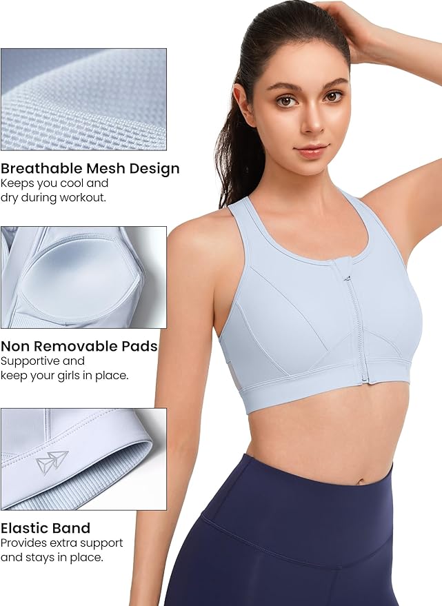 Yvette Zip Front Sports Bra - High Impact Sports Bras for Women Plus Size Workout Fitness Running