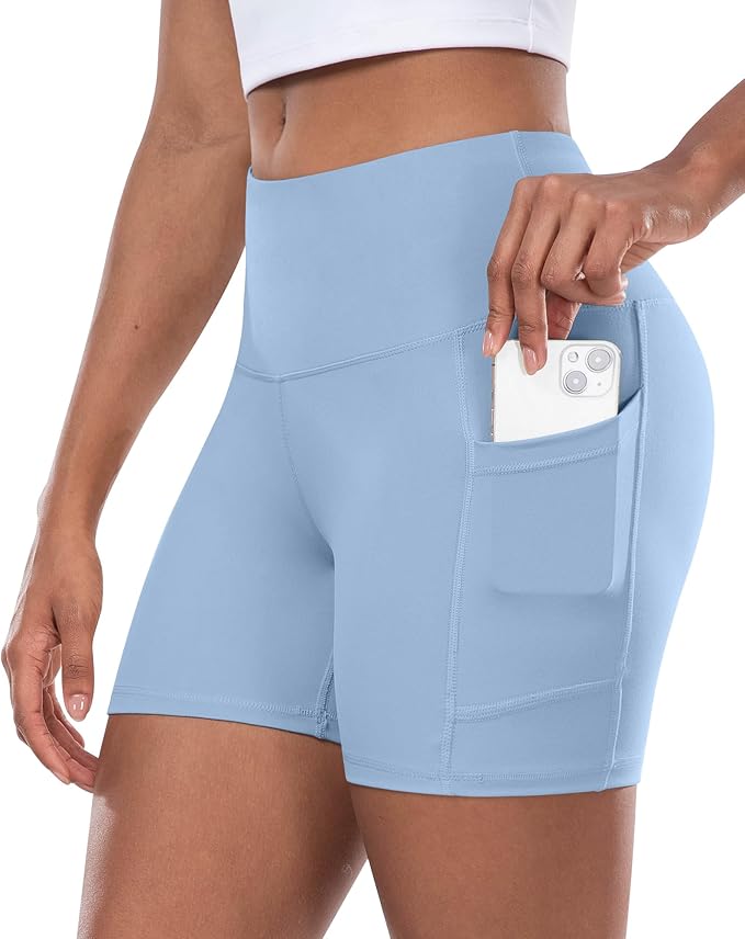 CHRLEISURE Womens Biker Yoga Shorts with Pocket, High Waisted Tummy Control 5 Inch Workout Spandex Athletic Gym Shorts