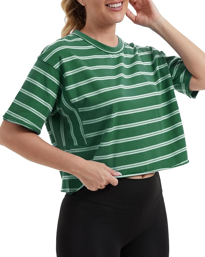 Women's Oversize Workout Crop Tops Casual Short Sleeve Drop Shoulder Boxy T-Shirts Roll Hem Basic Loose Yoga Running Tees