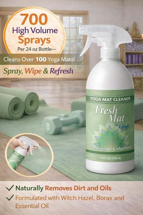 Fresh Mat Yoga Mat Cleaner Spray - Natural Deodorizing Cleaner for Yoga Mats & Fitness Equipment - No-Rinse, Residue-Free Formula with Witch Hazel & Essential Oil, Soothing Sage Cedarwood (24 fl oz).