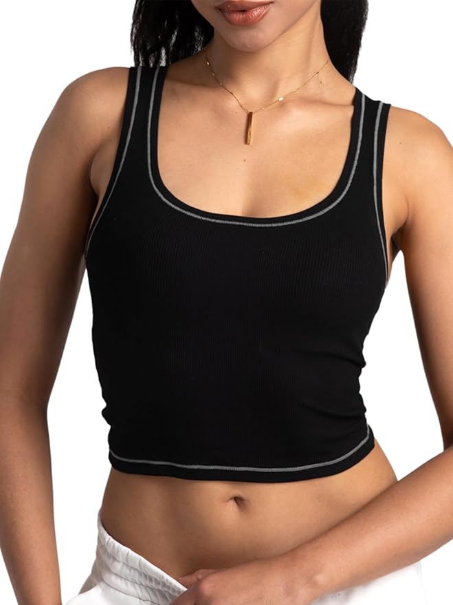 Danysu Women Rib Tank Top Padded Workout Top Square Neck Crop Tank Fitted Basic Cami Tops