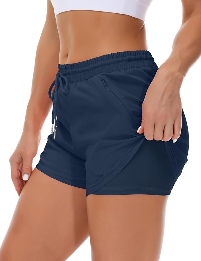 Mancreda Women's Running Shorts with Liner 3 Zipper Pockets Elastic Workout Athletic Gym Yoga Shorts