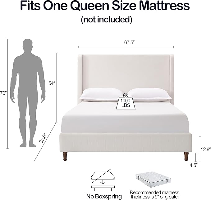Queen Size Upholstered Bed Frame, 54" High Headboard Carmen Wingback Bed Frames, Tall Headboard Floor Platform Beds, No Box Spring Needed No Noise, Simplicity Minimalist, Cream White