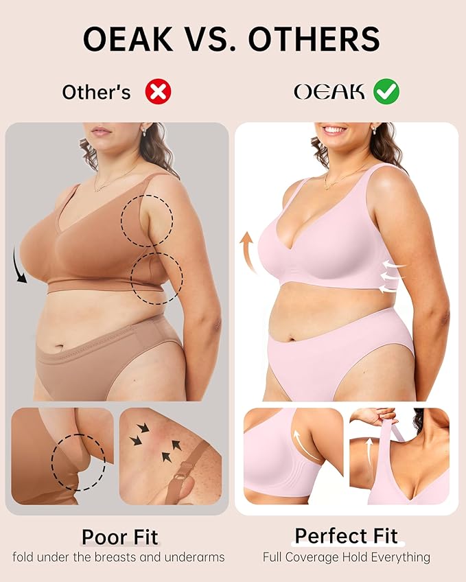 OEAK Womens Deep V Bras Wireless Comfortable Bra Supportive No Underwire Bras Tshirt Push Up Bralettes Plunge Seamless Bra