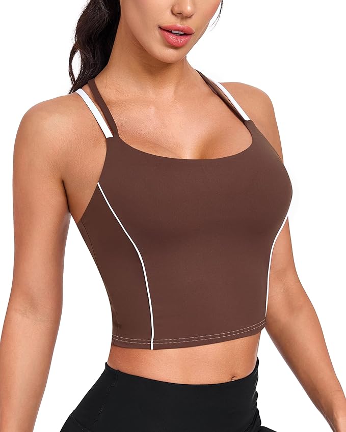 QUOJIZY Longline Sports Bras for Women Spaghetti Straps Tank Top with Built-in Bra Strappy Sports Bra for Yoga