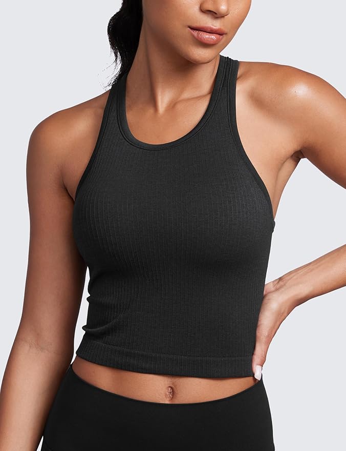 CRZ YOGA Seamless Ribbed High Neck Crop Tank Tops for Women - Longline Racerback Padded Sports Bras