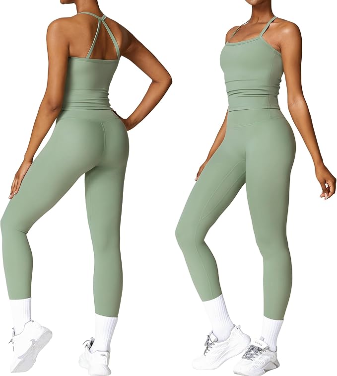 Women 2 Piece Workout Sets (NEW) Yoga Outfit Open Back Tank Top High Waisted Leggings Gym Sets Tracksuits