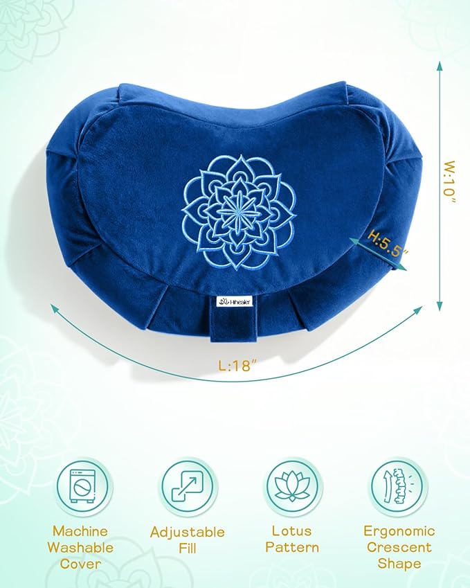 Hihealer Premium Meditation Cushion - Comfortable Floor Pillow for Adult Traditional Crescent Meditation Pillow Yoga Buckwheat Bolster (Blue)