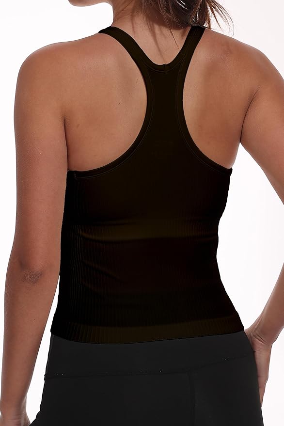 YIOIOIO Women Ribbed Workout Crop Tops with Built in Bra Seamless Yoga Racerback Tank Top Tight Fit