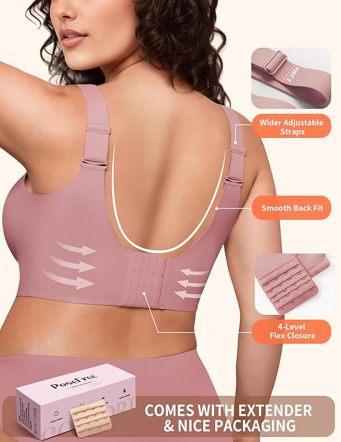 PoseFree Womens Seamless Wireless Supportive Bra Push Up Comfort Soft No Underwire Full Coverage T-Shirt Bra