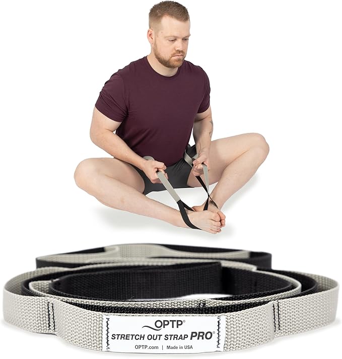 OPTP Stretch Out Strap Pro with Stretching Exercise Book, 11 Loop Stretching Strap for Yoga and Pilates, Physical Therapy Strap for Leg and Knee Recovery. Made in the USA