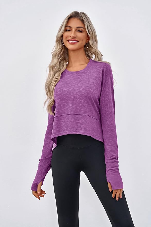 Aurgelmir Womens Long Sleeve Cropped Tops Loose Workout Athletic T-Shirts Flowy Sweatshirt for Yoga Tiered Hem Gym Tees
