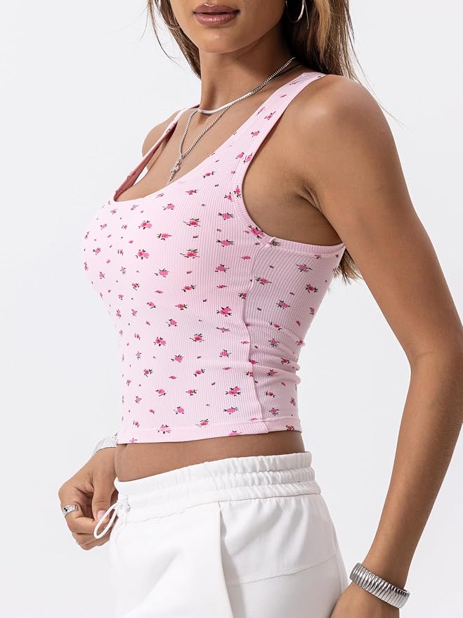 Danysu Women Rib Tank Top Padded Workout Top Square Neck Crop Tank Fitted Basic Cami Tops