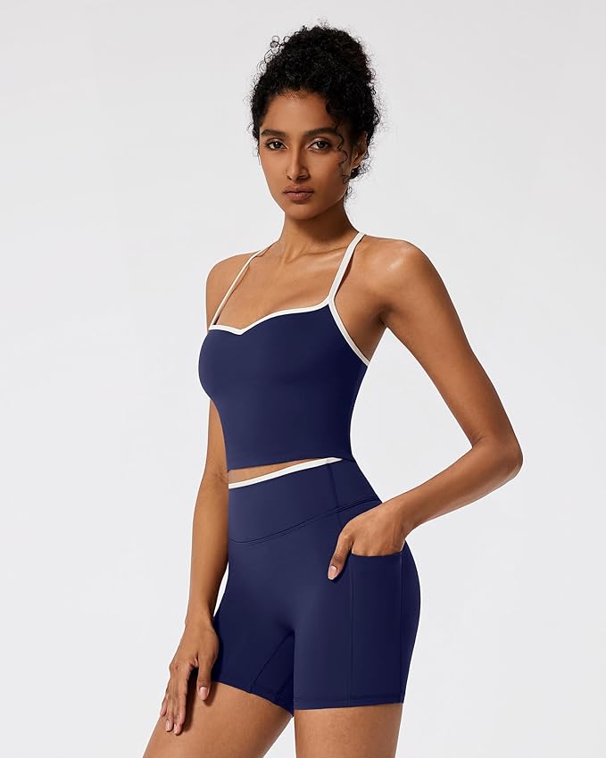 RXRXCOCO Color Block Workout Sets for Women 2 Piece Padded Strappy Tank Tops Hidden Scrunch Booty Shorts with Pockets
