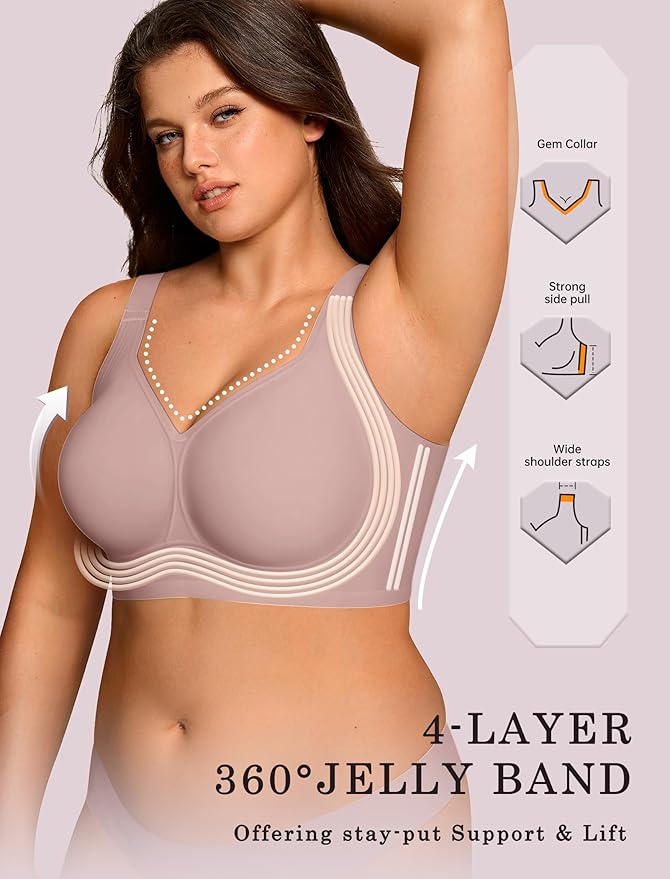 OEAK Womens Wireless Jelly Bra Plus Size Supportive Seamless Bras Full Coverage Push Up Comfortable No Underwire Tshirt Bras