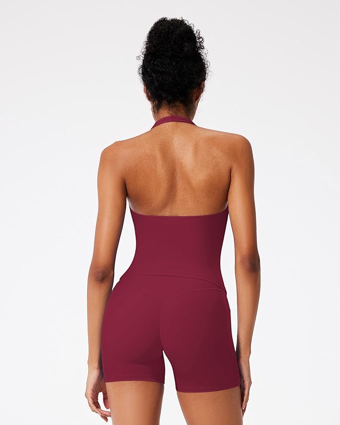 RXRXCOCO Halter Workout Sets for Women 2 Piece V Neck Tank Tops Hidden Scrunch Booty Shorts Gym Outfits with Pockets