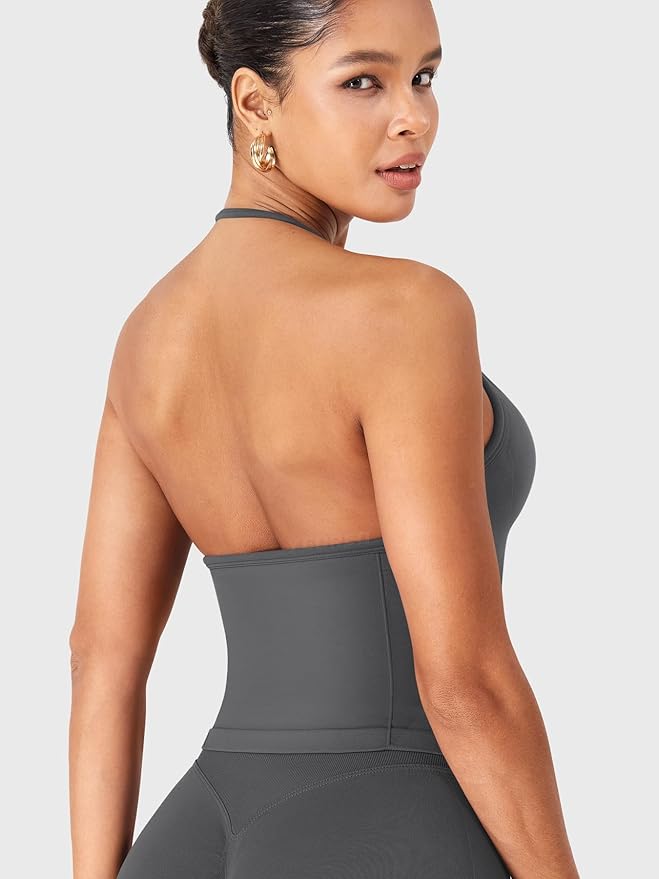 YEOREO SoftHue Impact Longline Strappy Top Women's Halter Workout Tank Tops Backless Gym Longline with Adjustable Strap