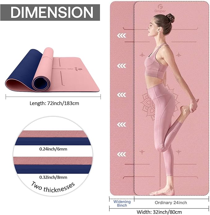 Gruper Yoga Mat Non Slip TPE Extra Wide Yoga Mat with Alignment Mark, 72"L x 32"W x 0.32"/0.24"Th (183cm x 80cm x 8mm/6mm), Anti-Tear Exercise Mat with Carrying Strap and Bag, Workout Mats for Yoga, Pilates