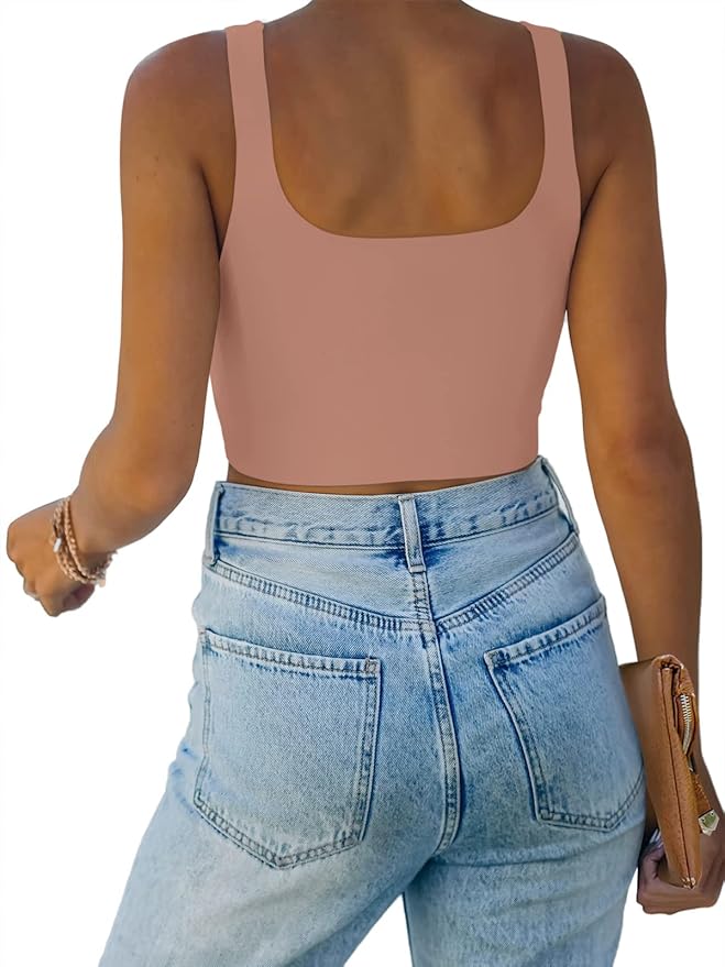 REORIA Women’s Sexy Square Neck Double Lined Seamless Sleeveless Cropped Tank Yoga Crop Basic Tops