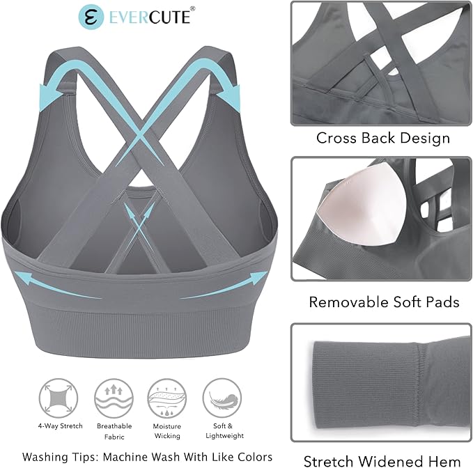 Evercute Sports Bras for Women Padded Medium Support Criss Cross Strappy Bra Seamless High Impact Yoga Exercise Athletic Bras