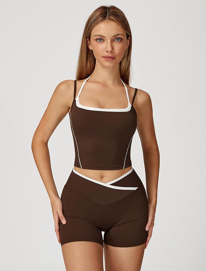 ABOCIW Workout Sets for Women 2 Piece Color Block Layered Cropped Tank Top Crossover High Waist Biker Shorts Gym Sets