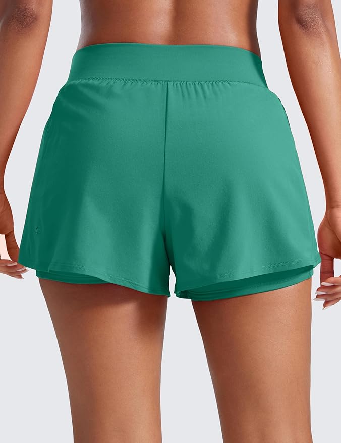 CRZ YOGA 2 in 1 Double Layer Running Shorts for Women 3" - High Waisted for Athletic Tennis Workout with Zip Pockets