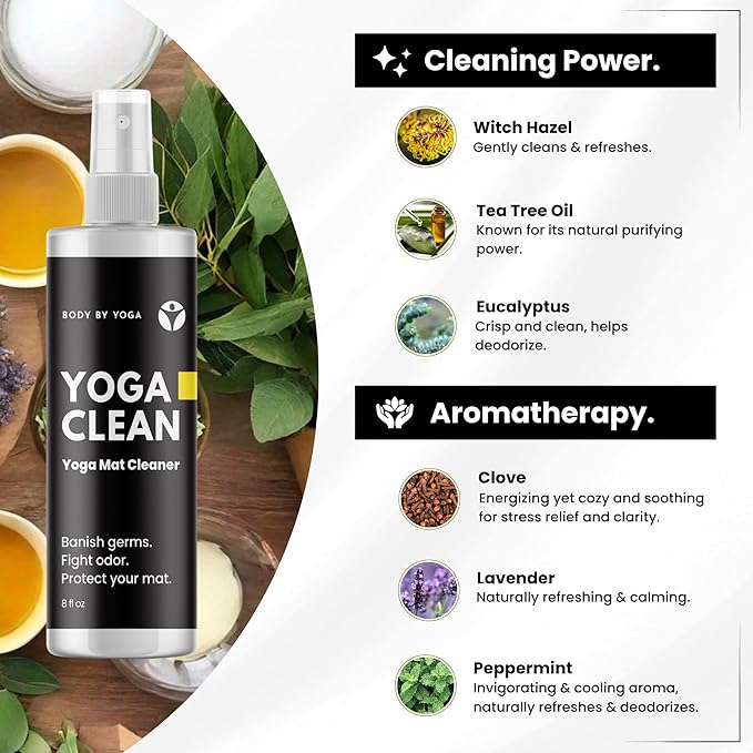 Yoga Clean – Eco-Friendly Yoga Mat Cleaner & Deodorizing Spray | Neutralizes Sweat & Odor to Protect Your Mat | 8 oz Plant-Based Formula, Spa-Like Scent, Made in the USA