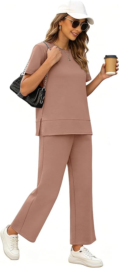 XIEERDUO Women's Side Slit Lounge Sets 2026 Fashion 2 Piece Travel Outfits Cozy Loungewear Wide Leg Tracksuits S-3XL