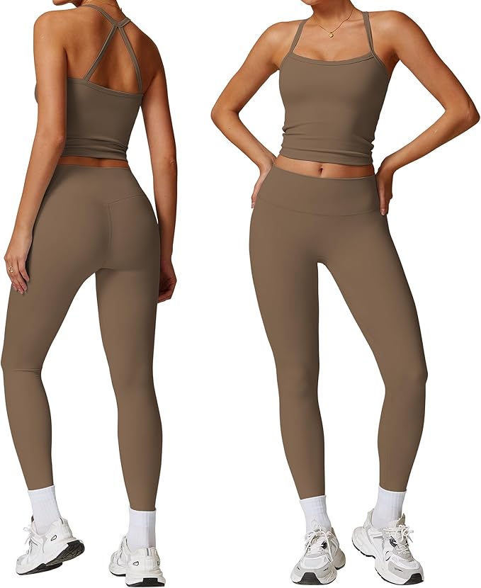 Women 2 Piece Workout Sets (NEW) Yoga Outfit Open Back Tank Top High Waisted Leggings Gym Sets Tracksuits
