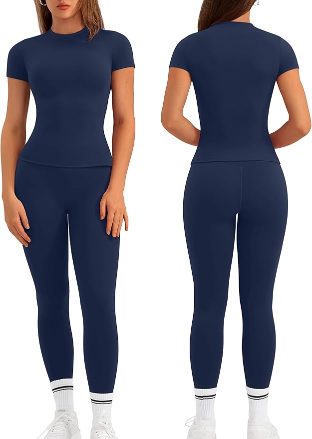 Relety Womens Two Piece Workout Sets Slim Fit Short Sleeve Shirt High Waist Leggings Yoga Outfits Matching Gym Set