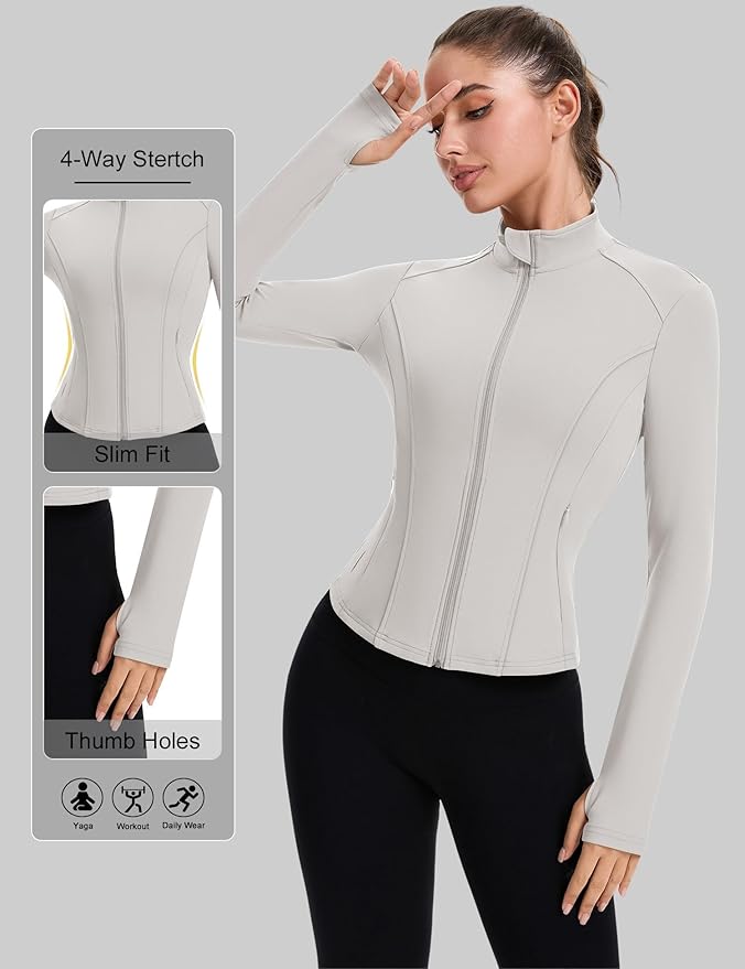 ZHENWEI Workout Jackets for Women Full Zip Up Cropped Athletic Long Sleeve Lightweight Slim Fit Running Tops with Pockets