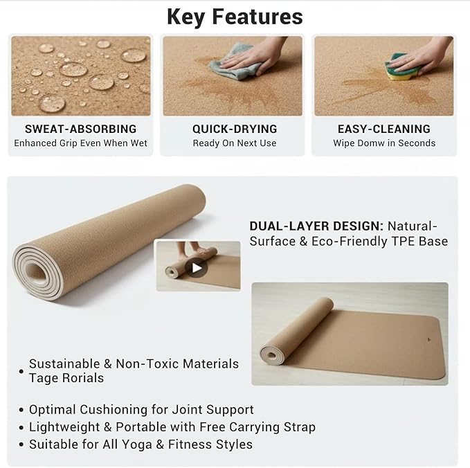 Cork Yoga Mat 6mm Extra Thick Cushioning High Density Natural Rubber Exercise Pad 72 x 24 Inch for Home Gym